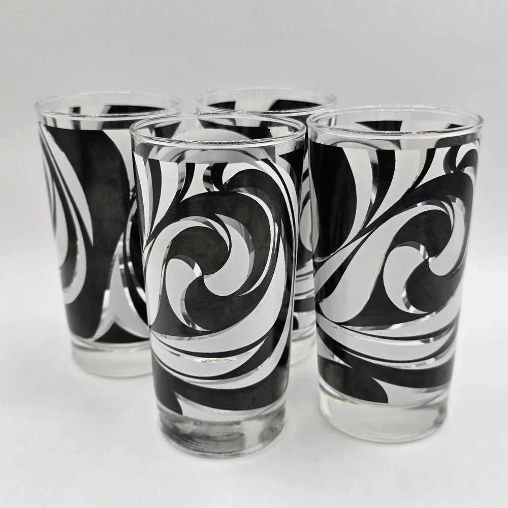 Libbey Partytime Mid-Century Black and White Atomic Swirl Glasses Vhtf Mod‎